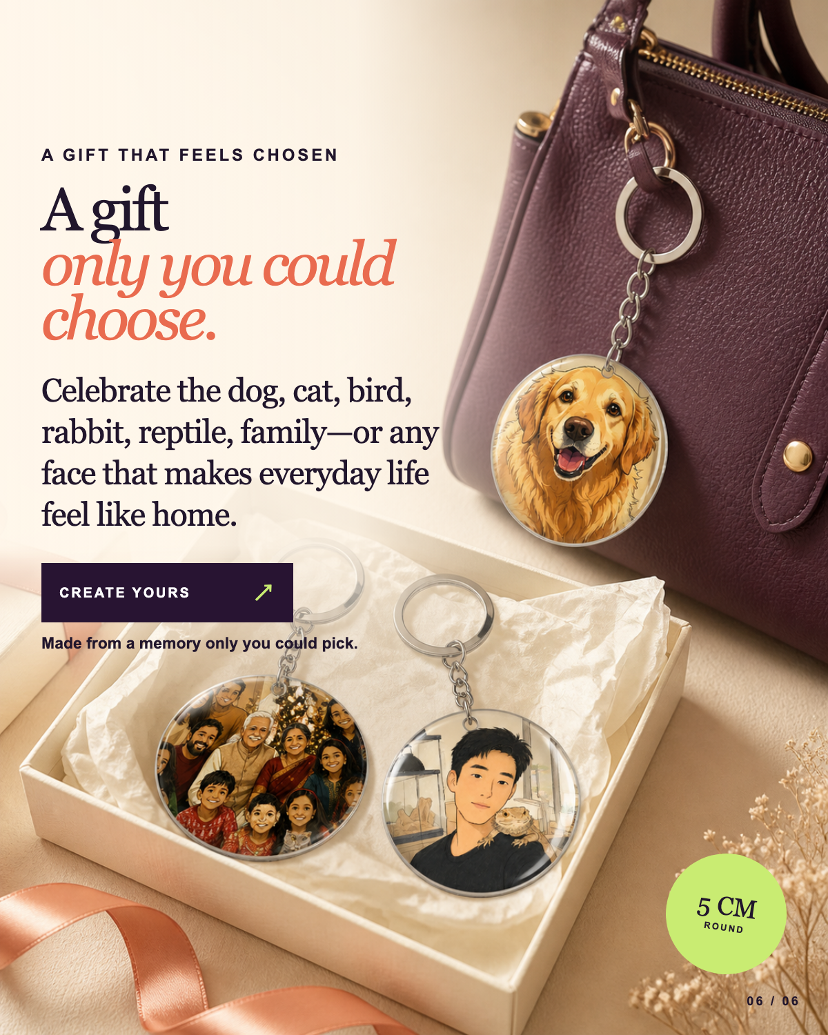 Custom Pet Portrait Keychain Charm (Set of 3)