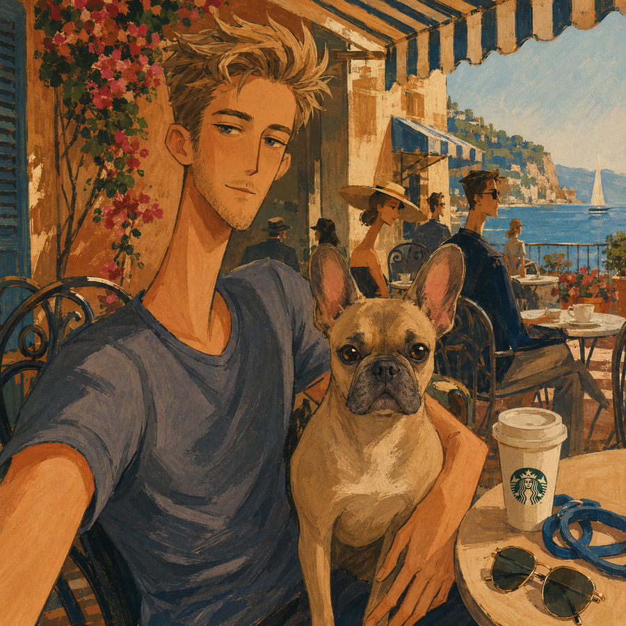 A person and dog reimagined in PetU Studio's Riviera Elegance style