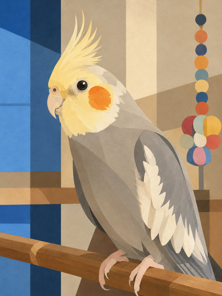 A cockatiel portrayed in PetU Studio's Warm Modern Illustration style