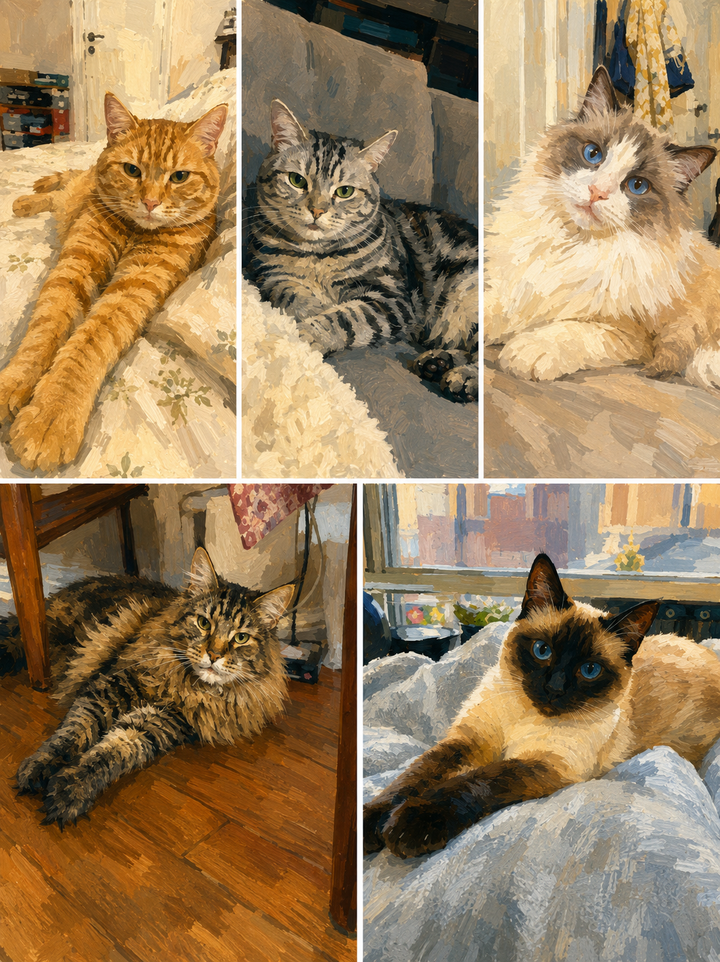 Cats portrayed in PetU Studio's Warm Oil Painting style