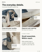 Commuter Shoulder Canvas Tote details: fixed webbing shoulder handles with reinforced stitching, a zippered main opening, and easy-access side pockets. Actual product photographs; accessories not included.
