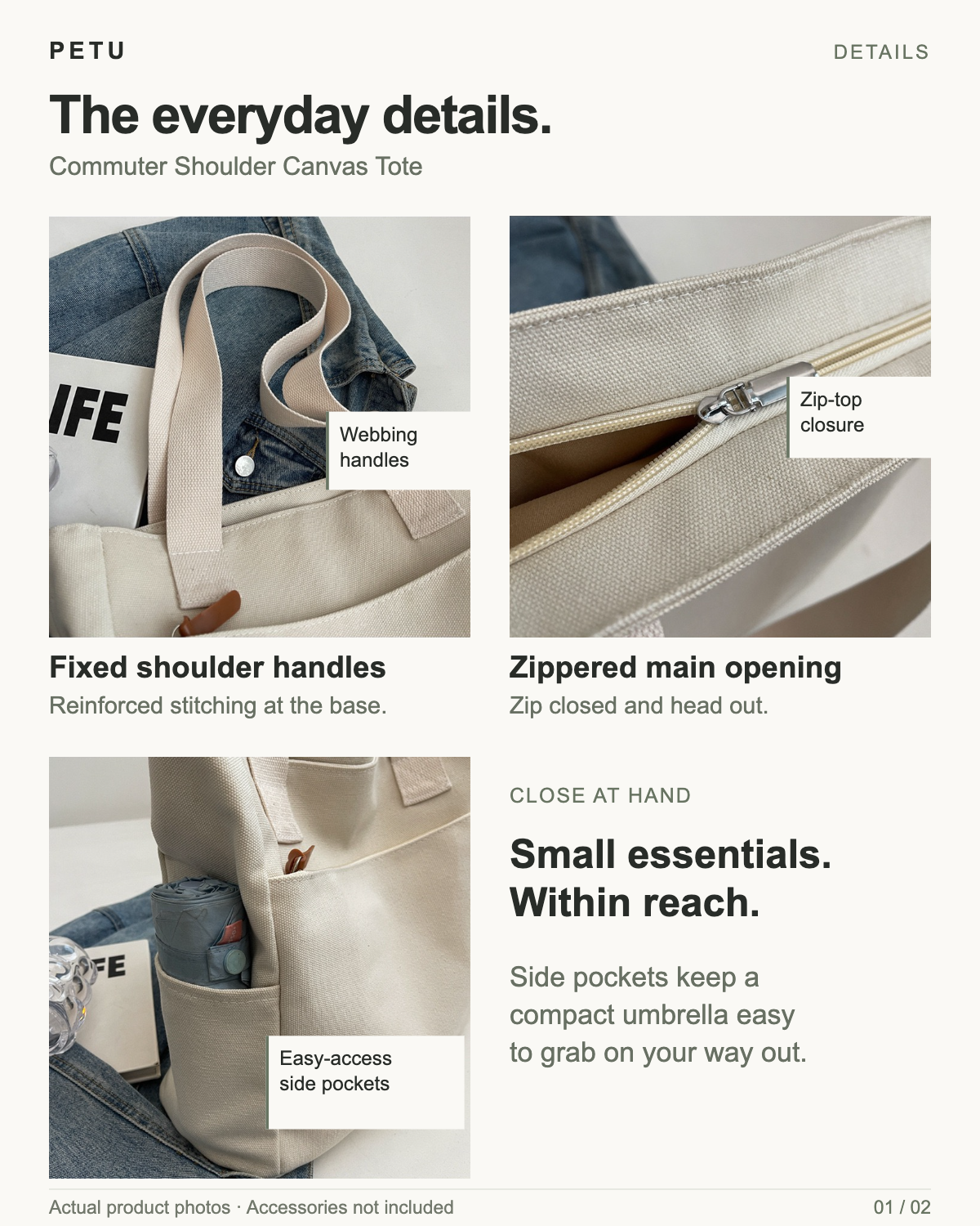 Commuter Shoulder Canvas Tote details: fixed webbing shoulder handles with reinforced stitching, a zippered main opening, and easy-access side pockets. Actual product photographs; accessories not included.