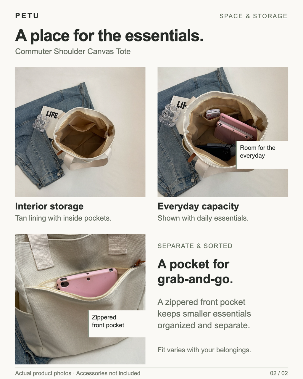 Commuter Shoulder Canvas Tote storage and capacity: tan-lined interior with inside pockets, main compartment shown with everyday essentials, and a separate zippered front pocket. Actual product photographs; accessories not included. Fit varies with belongings.