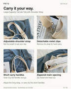 Large-Capacity Canvas Tote with Shoulder Strap details: adjustable shoulder strap, detachable metal clips, short carry handles, and a zippered main opening. Actual product photographs; accessories not included.