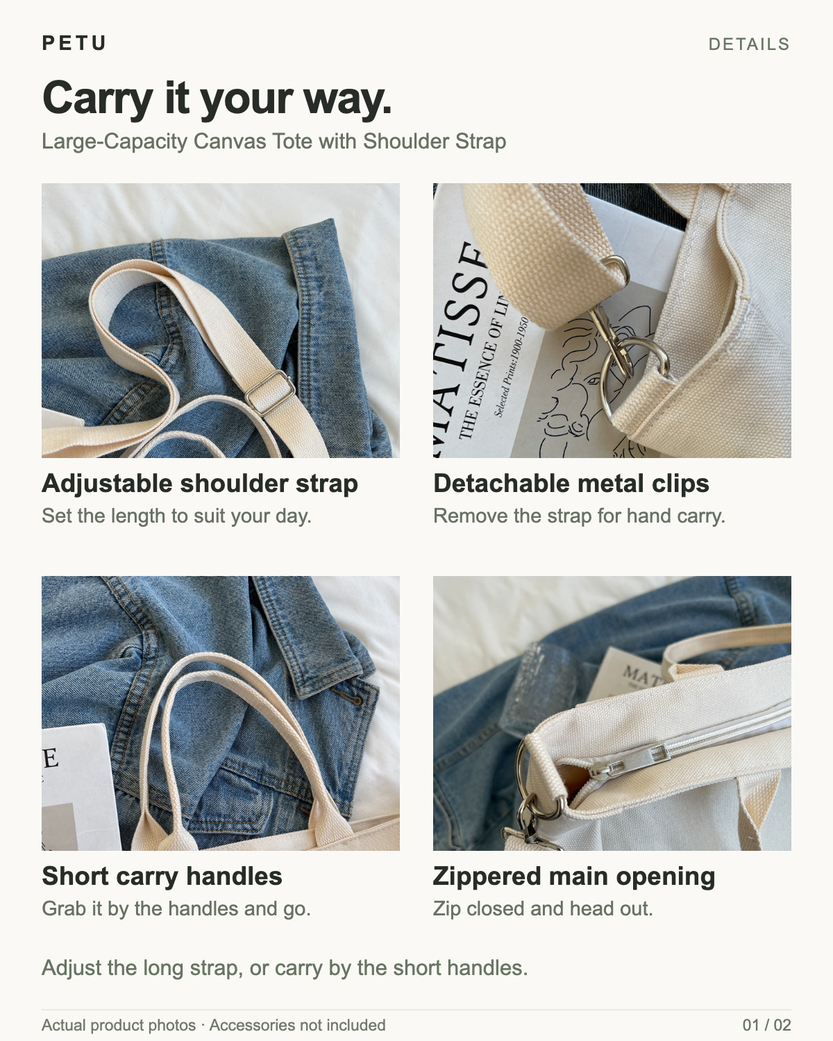 Large-Capacity Canvas Tote with Shoulder Strap details: adjustable shoulder strap, detachable metal clips, short carry handles, and a zippered main opening. Actual product photographs; accessories not included.