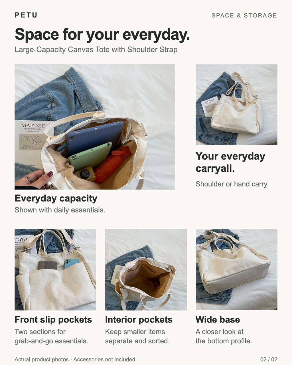 Large-Capacity Canvas Tote with Shoulder Strap storage and capacity: tan-lined interior with inside pockets, main compartment shown with everyday essentials, two front slip pockets, and a wide base. Actual product photographs; accessories not included. Fit varies with belongings.