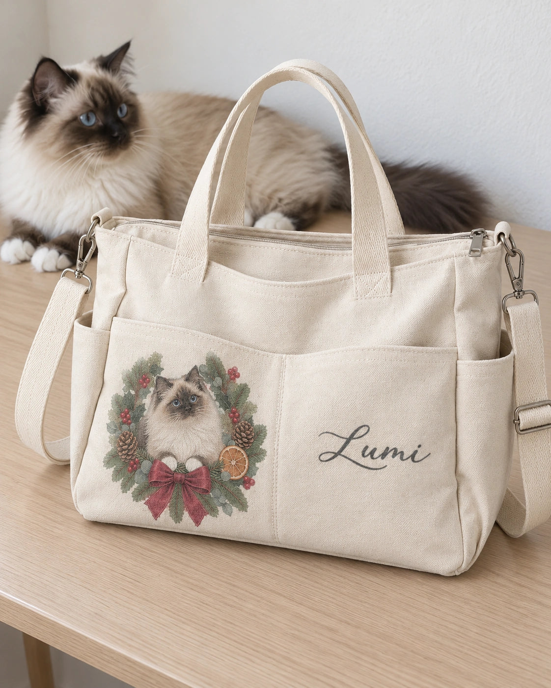 Christmas Wreath Portrait — personalized large-capacity canvas tote; 3158 customer-supplied example