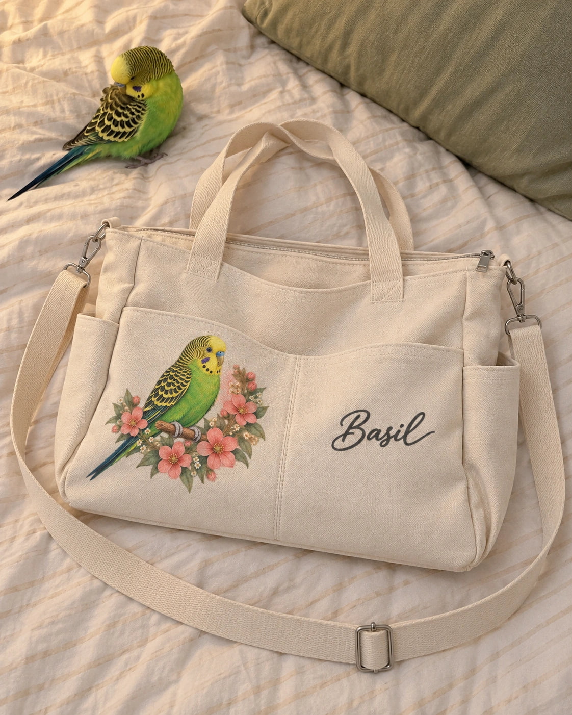 Floral Pet Portrait — personalized large-capacity canvas tote; 3176 customer-supplied example