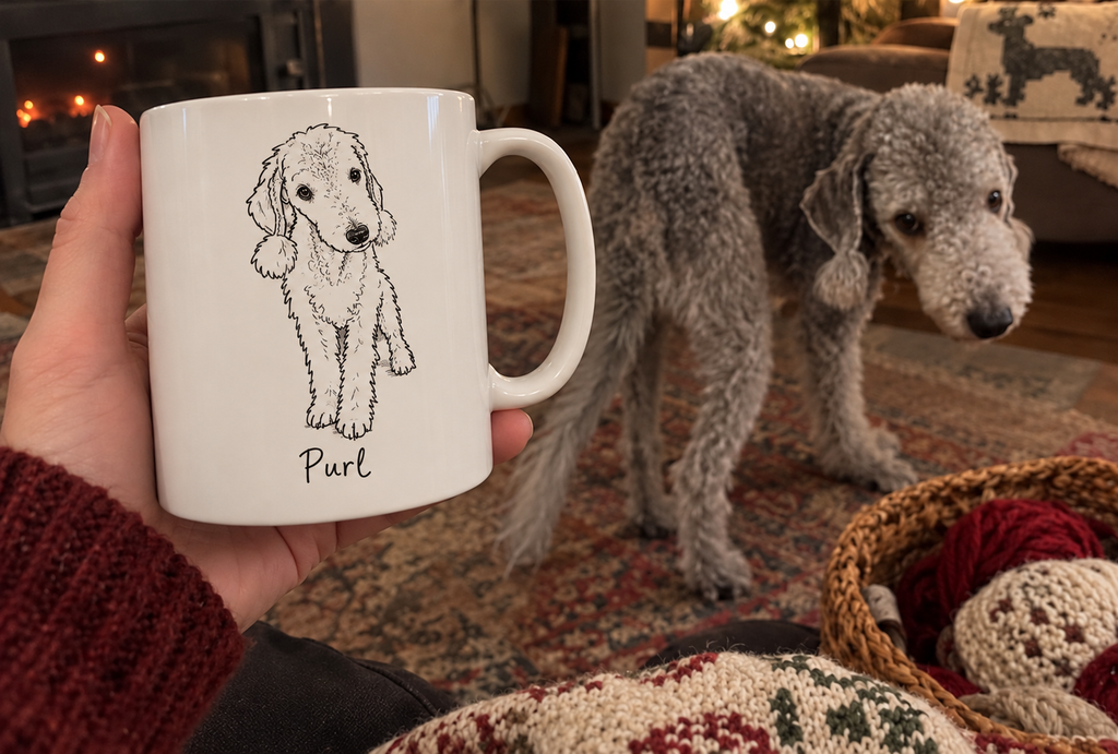 Simple black line art pet portrait mug with the name Purl shown beside the original dog