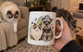 Personalized cartoon pet portrait mug shown with the original cat and dog