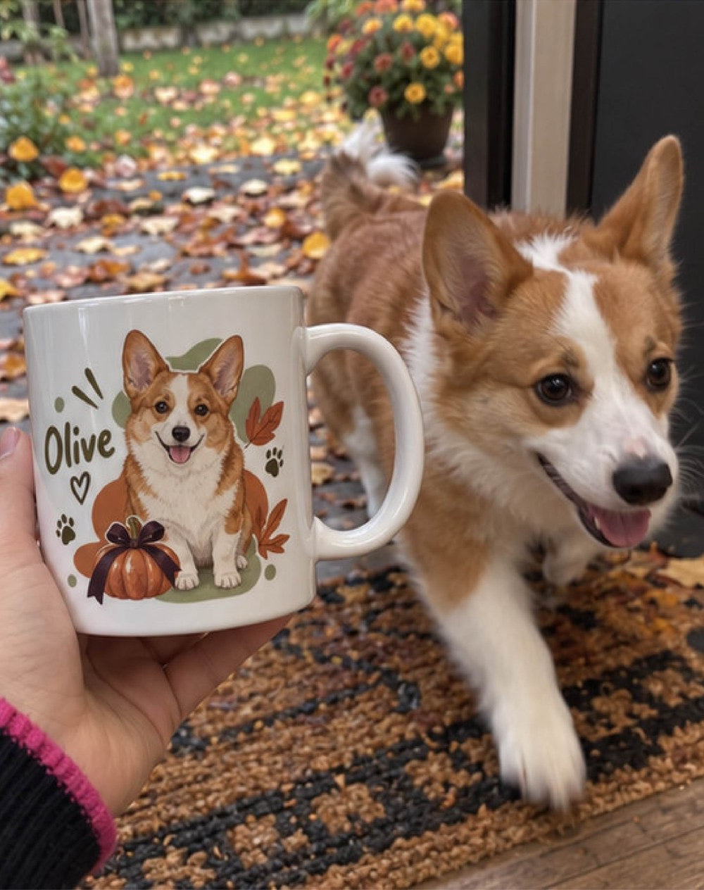 Cartoon pet illustration mug shown with the original corgi