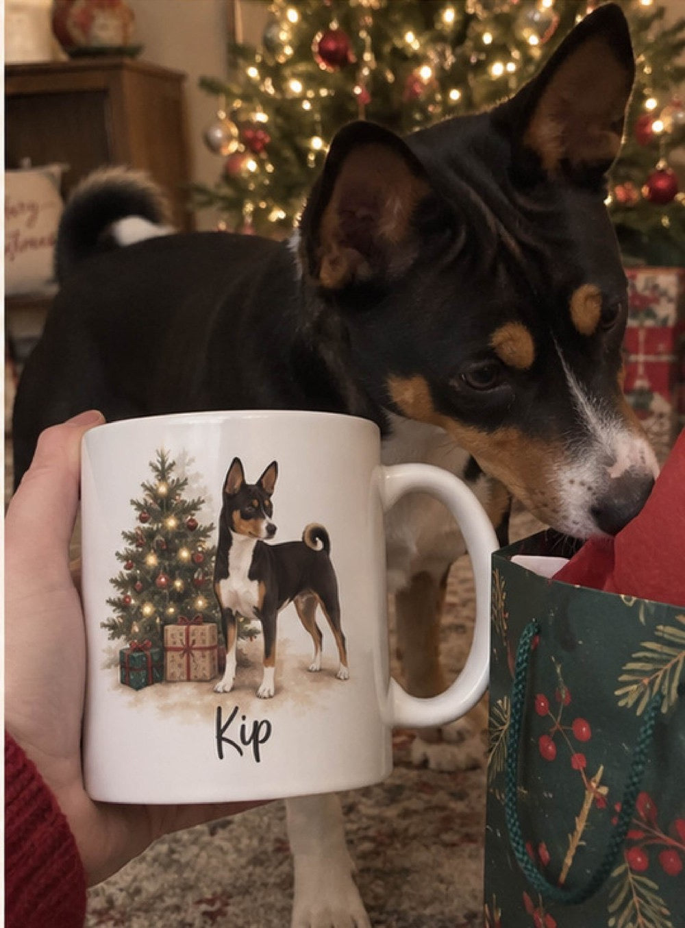 Christmas tree pet portrait mug shown with the original dog