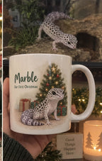Christmas tree pet portrait mug shown with the original gecko