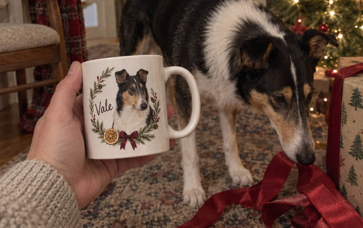Christmas wreath pet portrait mug shown beside the original dog