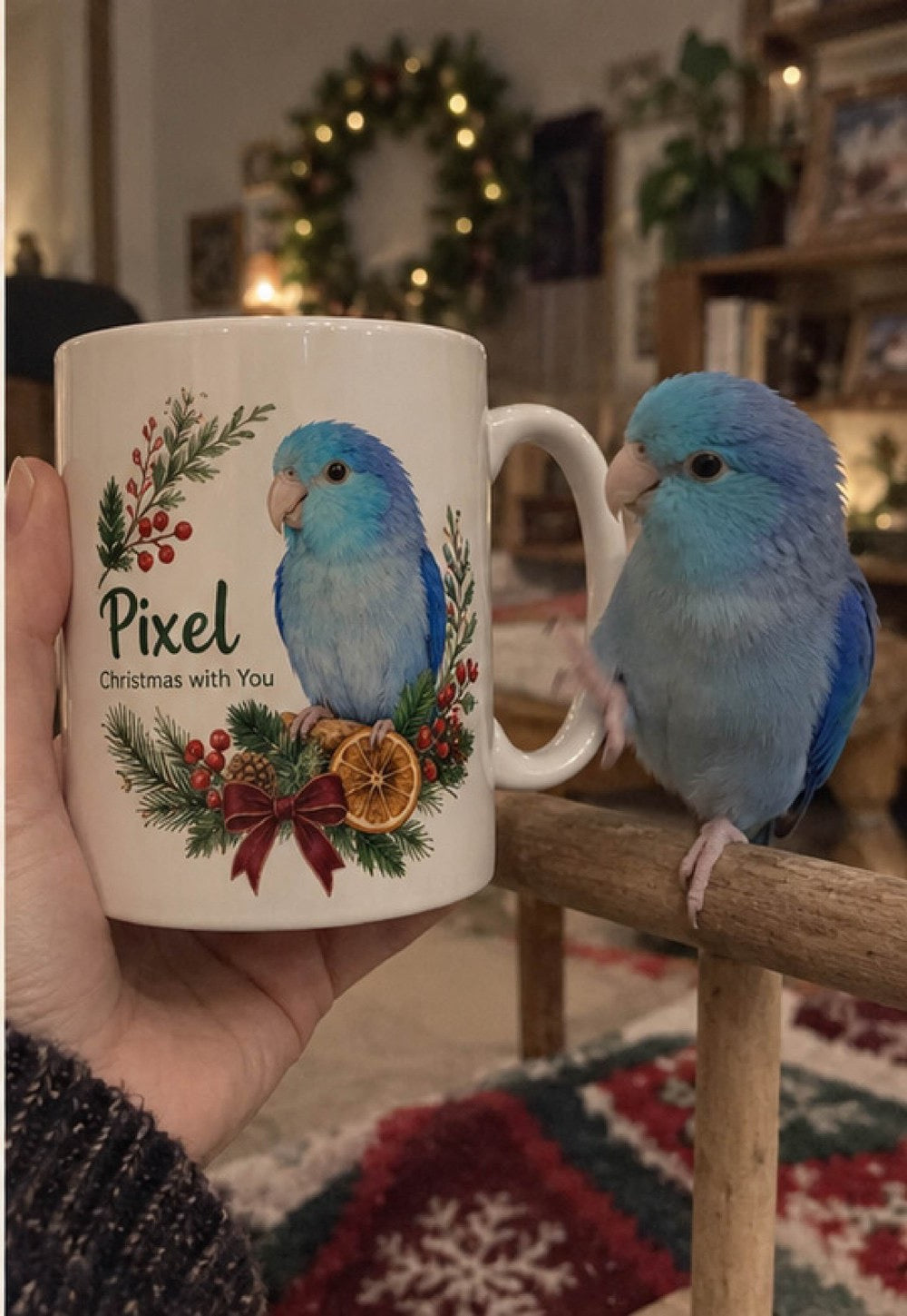 Christmas wreath pet portrait mug shown with the original parrot