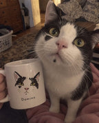 Color-block realistic pet portrait mug shown beside the original black and white cat