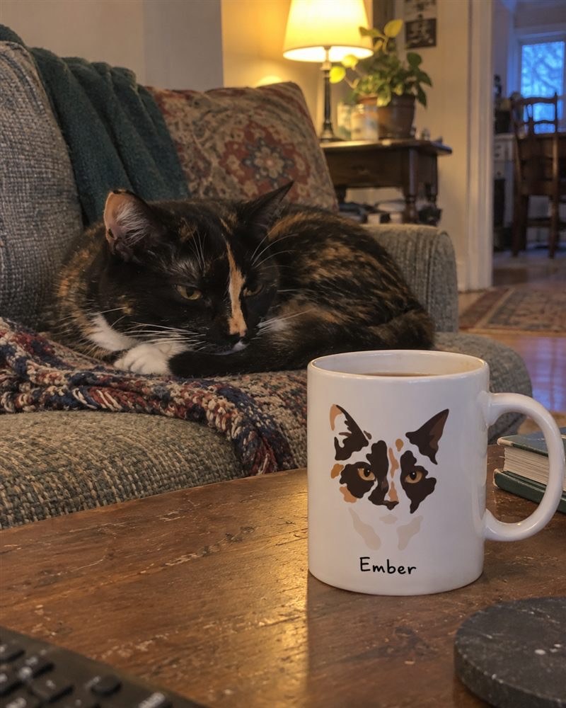 Color-block realistic pet portrait mug shown beside the original cat