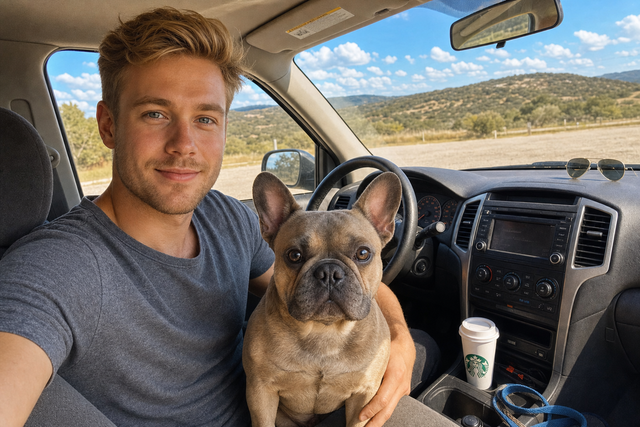 Original reference photo for the human + pet portrait