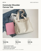 Commuter Shoulder Canvas Tote size and details. Width 14.2 in / 36 cm, height 12.2 in / 31 cm, depth 5.5 in / 14 cm. Fixed shoulder handles, zippered main compartment and front pocket, side pockets. Bag measurements exclude handles; allow 1–3 cm variation.