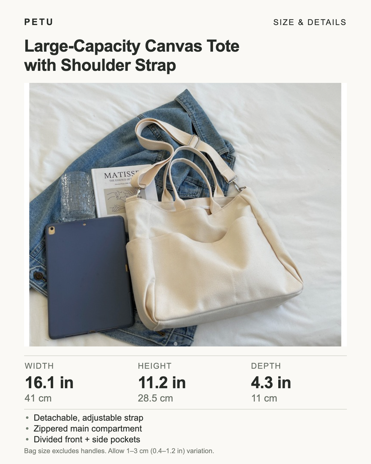 Large-Capacity Canvas Tote with Shoulder Strap size and details. Width 16.1 in / 41 cm, height 11.2 in / 28.5 cm, depth 4.3 in / 11 cm. Detachable adjustable strap, zippered main compartment, divided front and side pockets. Bag measurements exclude handles and strap; allow 1–3 cm variation.