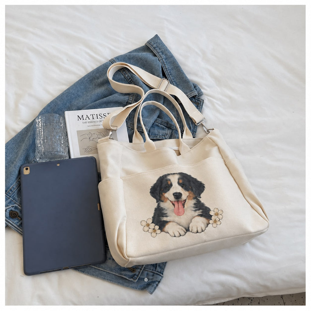Floral pet illustration example on the ivory large-capacity canvas tote with short handles and detachable shoulder strap.