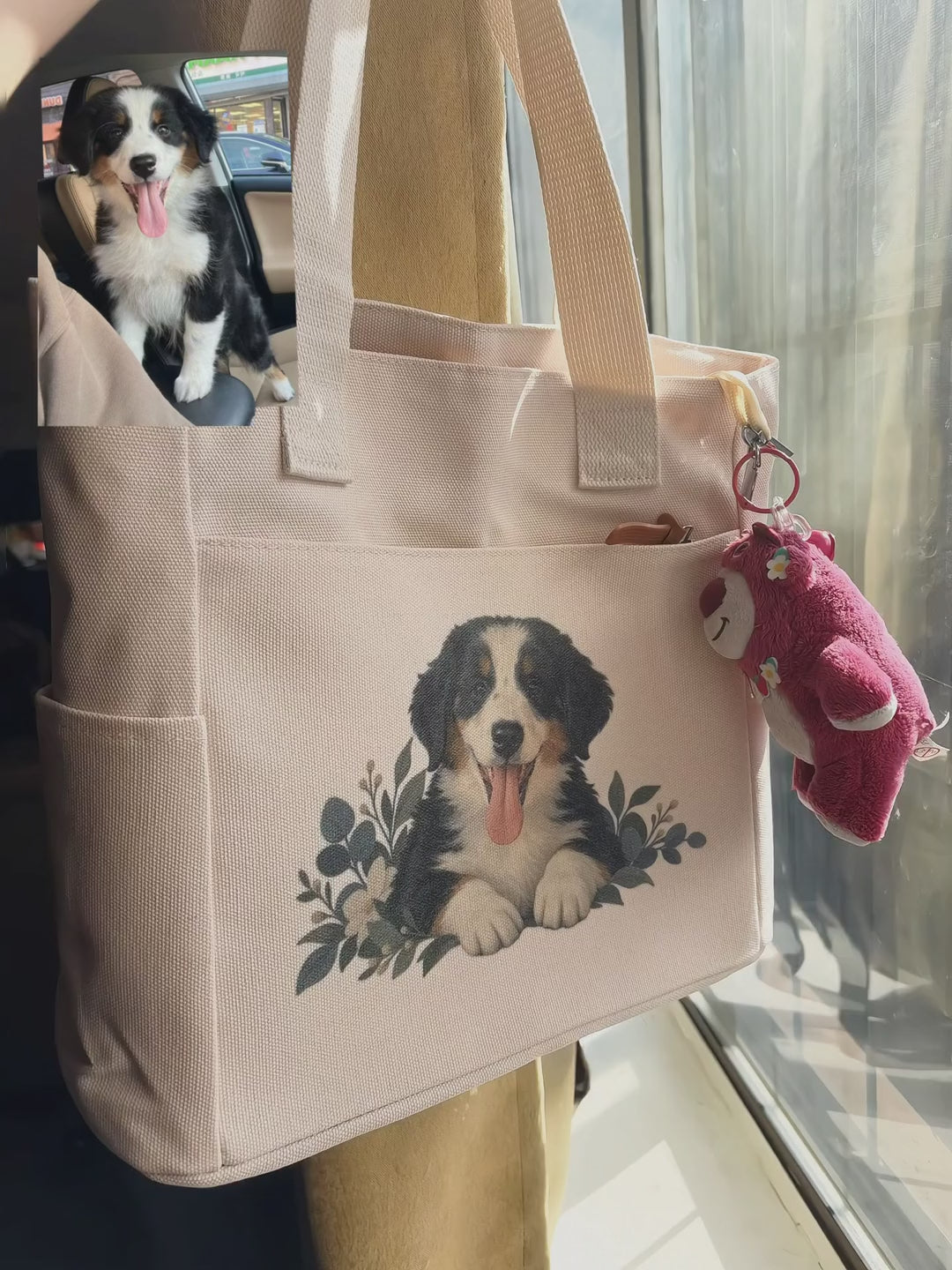 Real printed Bernese puppy canvas tote in motion, with original pet photo comparison