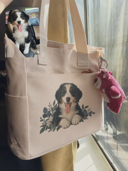 Real printed Bernese puppy canvas tote in motion, with original pet photo comparison