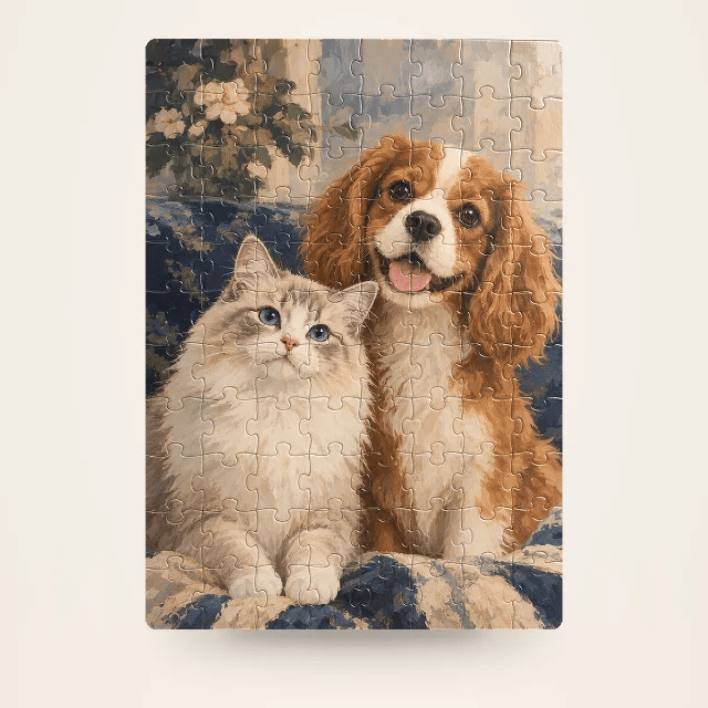 Rotating A5 magnetic pet portrait puzzle featuring a cat and dog